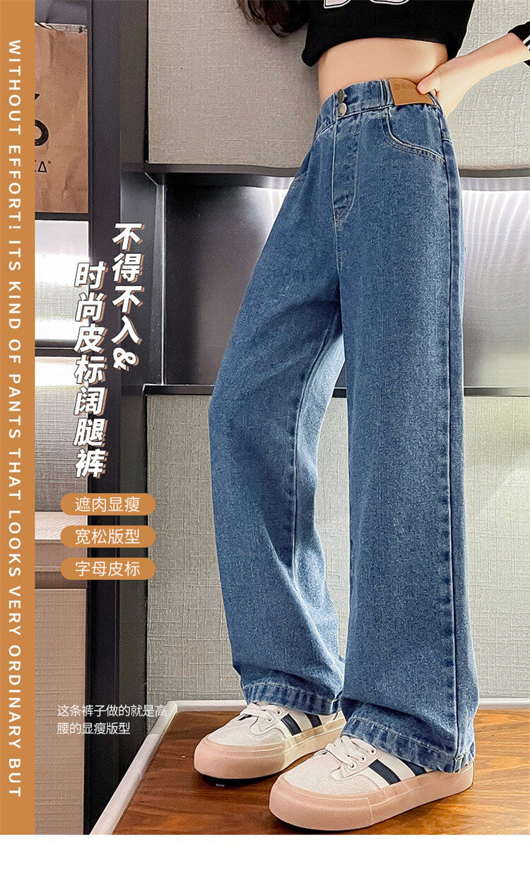 Girls' Loose Jeans For Autumn And Winter, Girls Aged 6 to 14, Loose Straight-leg Pants, Girls' Sherpa Fabric Warm Pants.