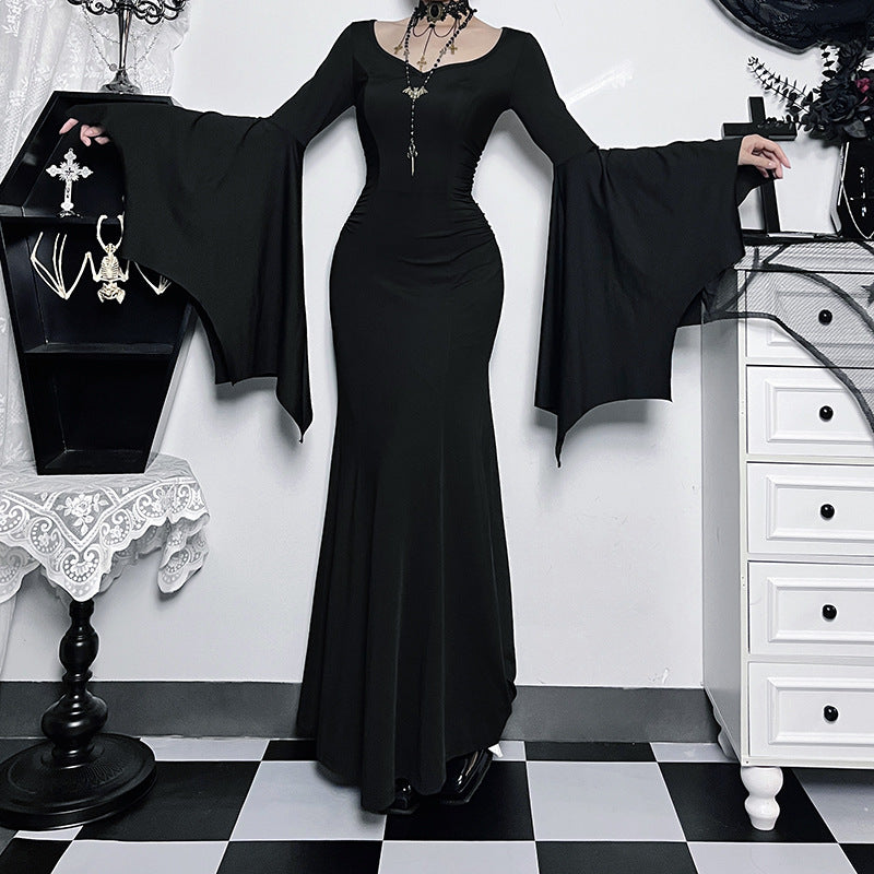 Halloween Gothic Vintage Dress Women Square Neck Patchwork Spider Web Flare Sleeves Cosplay Long Party Dress - Seprincess