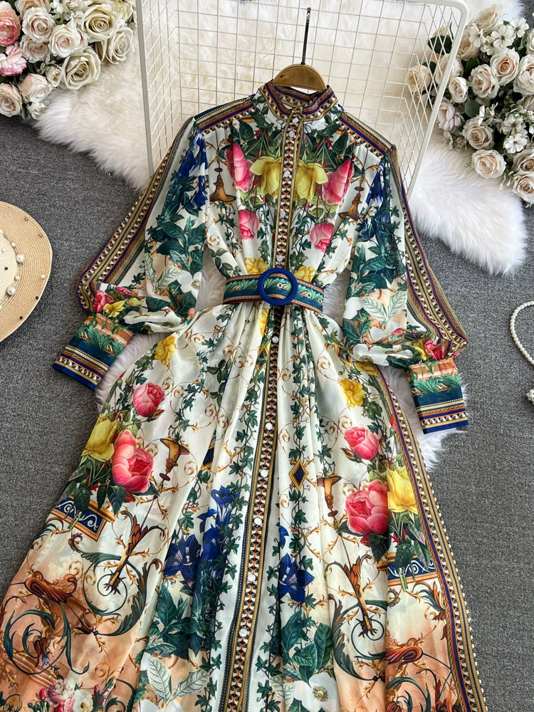 Spring Summer Holiday Gorgeous Flower Chiffon Dresses Women's Stand Long Lantern Sleeve Belt Floral Print Loose Robe Vestidos - Seprincess