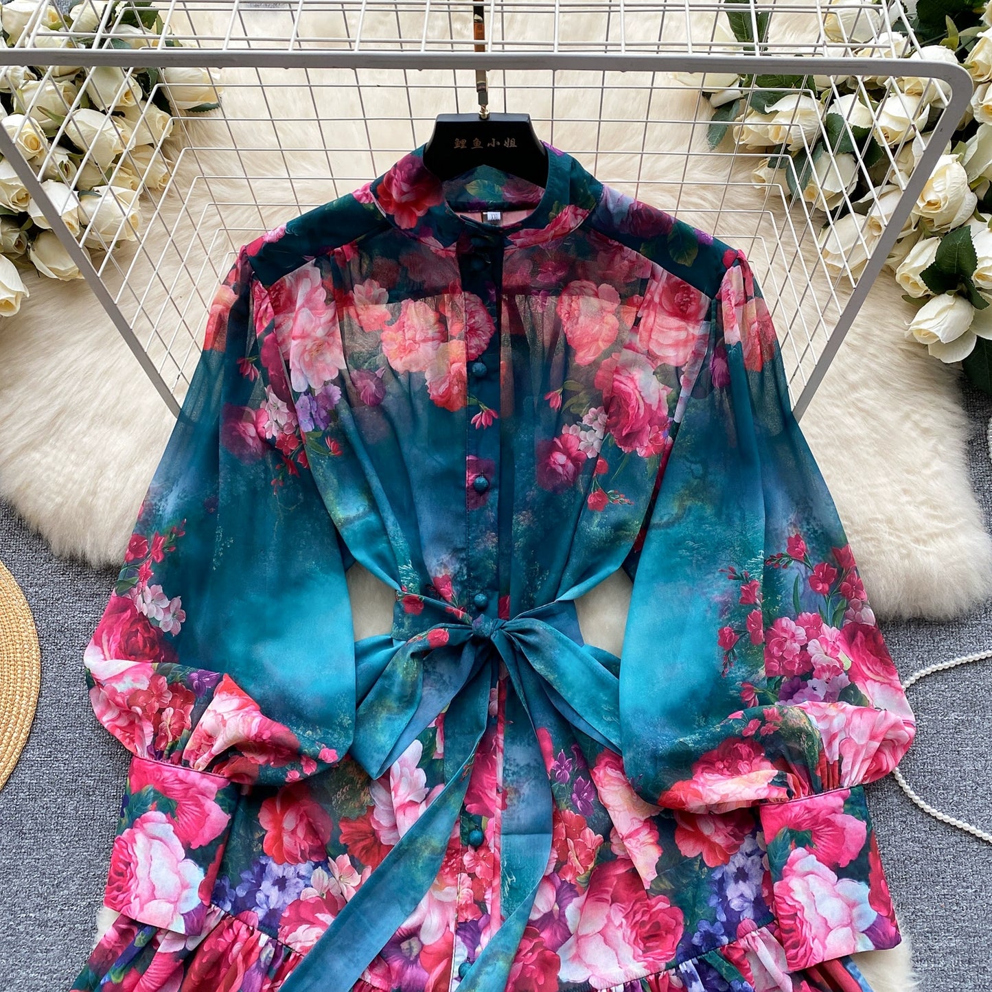 New Summer Holiday Beach Short Dress Women's Stand Long Lantern Sleeve Floral Print Sashes Lace Up Chiffon Loose Vestidos 6362