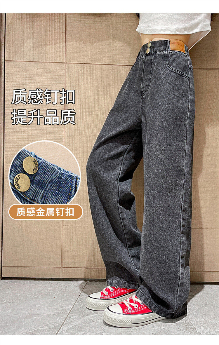 Girls' Loose Jeans For Autumn And Winter, Girls Aged 6 to 14, Loose Straight-leg Pants, Girls' Sherpa Fabric Warm Pants.