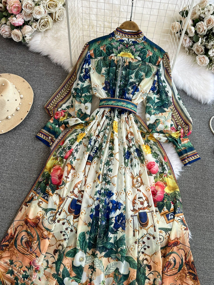 Spring Summer Holiday Gorgeous Flower Chiffon Dresses Women's Stand Long Lantern Sleeve Belt Floral Print Loose Robe Vestidos - Seprincess