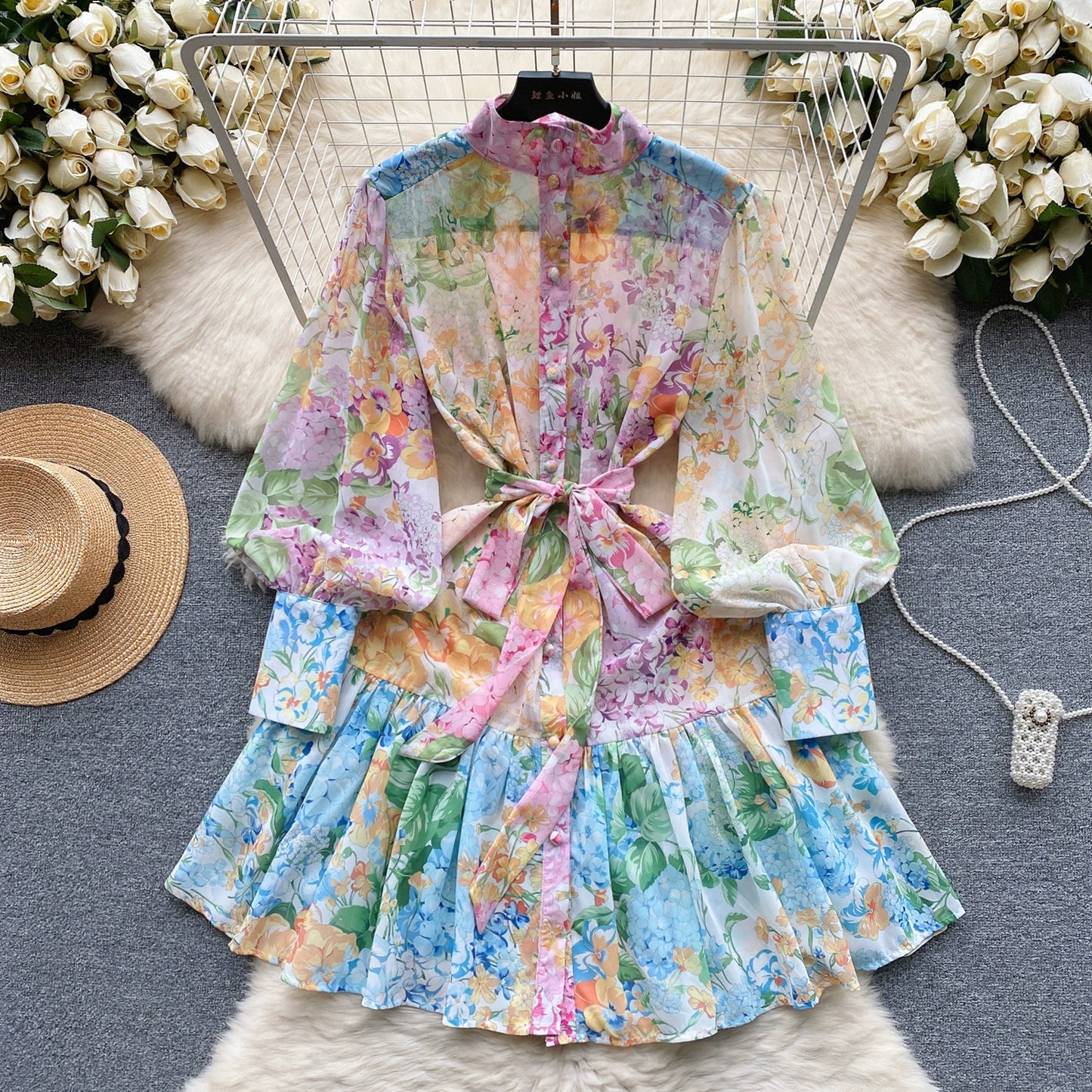 New Summer Holiday Beach Short Dress Women's Stand Long Lantern Sleeve Floral Print Sashes Lace Up Chiffon Loose Vestidos 6362 - Seprincess