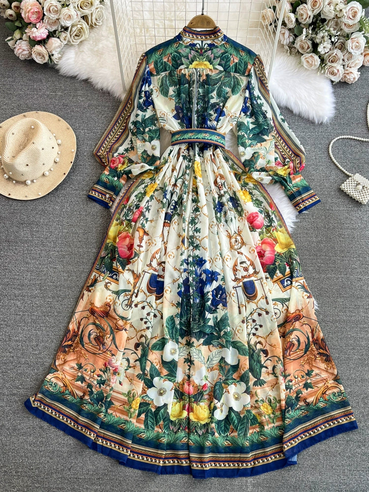 Spring Summer Holiday Gorgeous Flower Chiffon Dresses Women's Stand Long Lantern Sleeve Belt Floral Print Loose Robe Vestidos - Seprincess