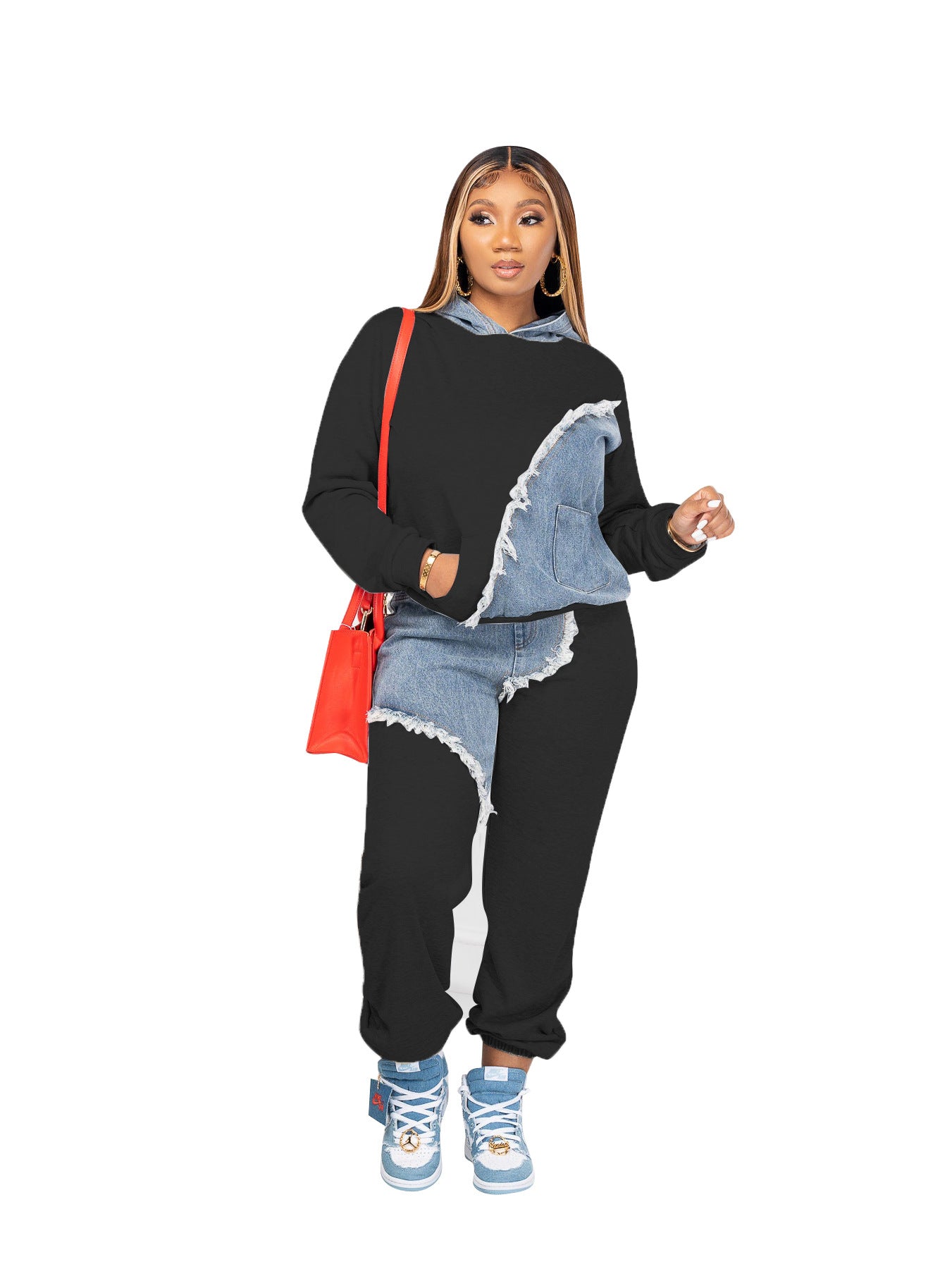 Women Two Piece Sets Tracksuit Autumn Jeans Splicing Hooded Top Sweatshirts Pocket Jogger Pants Suit Loose Female Office Lady - Seprincess