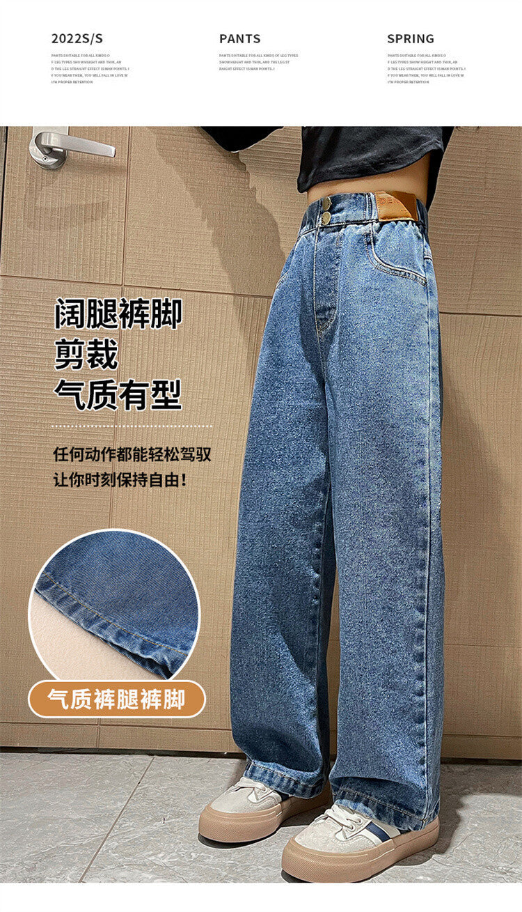 Girls' Loose Jeans For Autumn And Winter, Girls Aged 6 to 14, Loose Straight-leg Pants, Girls' Sherpa Fabric Warm Pants.