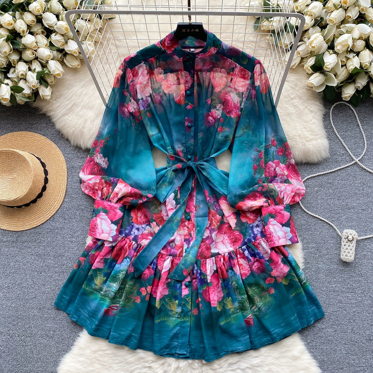 New Summer Holiday Beach Short Dress Women's Stand Long Lantern Sleeve Floral Print Sashes Lace Up Chiffon Loose Vestidos 6362