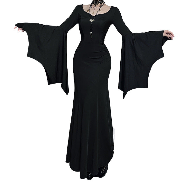 Halloween Gothic Vintage Dress Women Square Neck Patchwork Spider Web Flare Sleeves Cosplay Long Party Dress - Seprincess