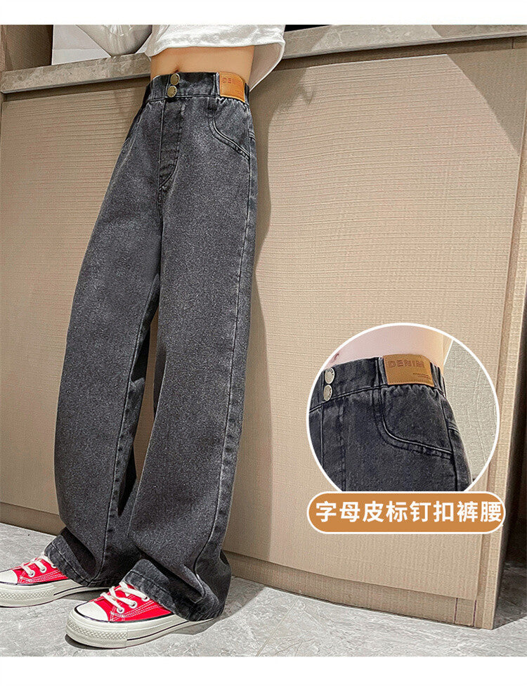 Girls' Loose Jeans For Autumn And Winter, Girls Aged 6 to 14, Loose Straight-leg Pants, Girls' Sherpa Fabric Warm Pants.