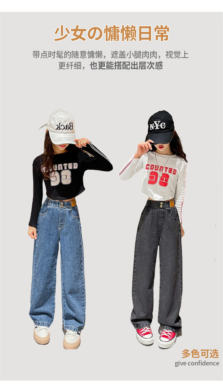 Girls' Loose Jeans For Autumn And Winter, Girls Aged 6 to 14, Loose Straight-leg Pants, Girls' Sherpa Fabric Warm Pants.