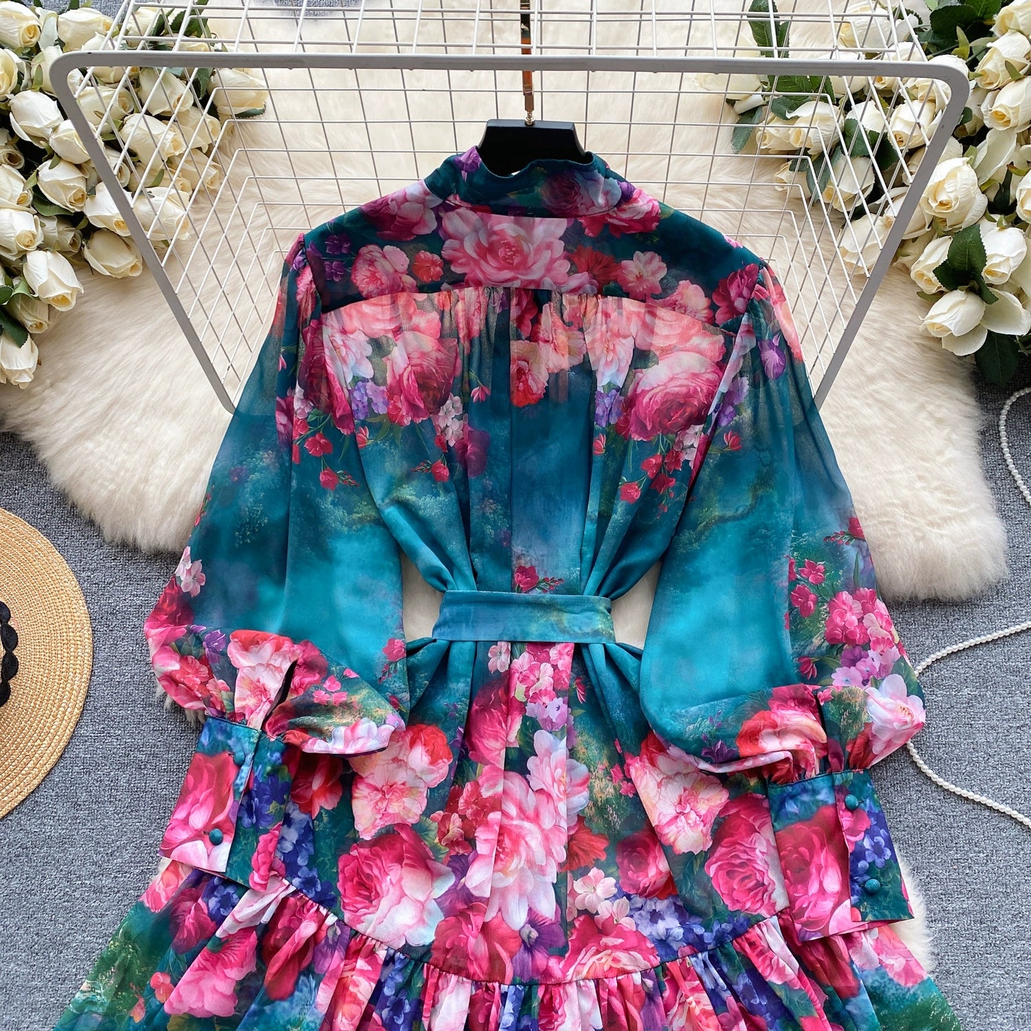 New Summer Holiday Beach Short Dress Women's Stand Long Lantern Sleeve Floral Print Sashes Lace Up Chiffon Loose Vestidos 6362 - Seprincess