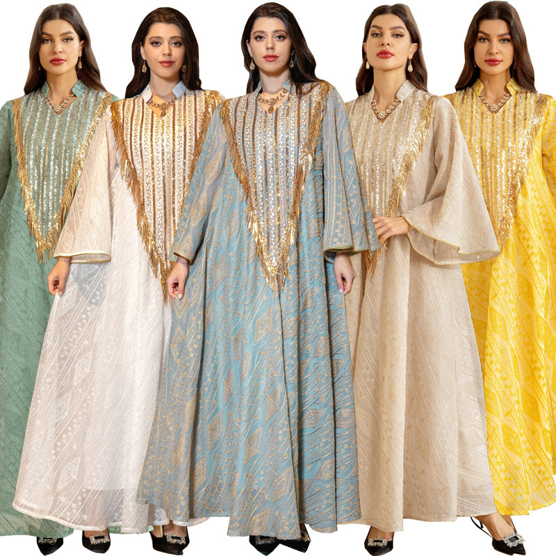 Morocco Party Dress for Women Muslim Abaya Mesh Sequins Jalabiya Dubai Abayas Kaftan Abaya Islam Vestidos Arab Long Robe Autumn - Seprincess