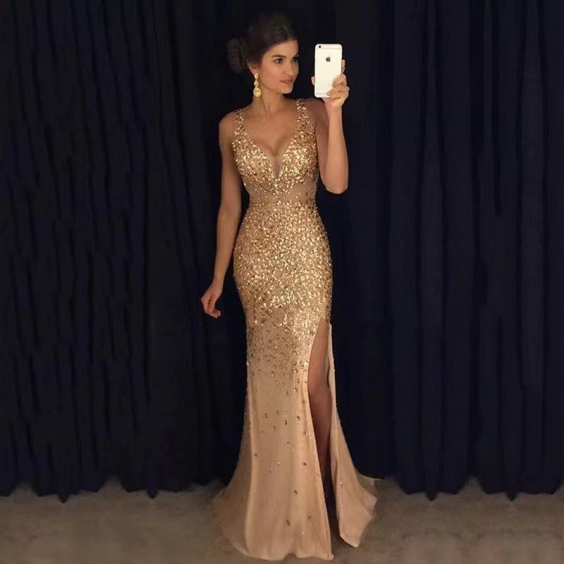 2024 Gold Plated Dress Long Dress Evening New Frock Sleeveless Formal Gown Dresses Lady Bling Sequine Wedding Evening Party - Seprincess