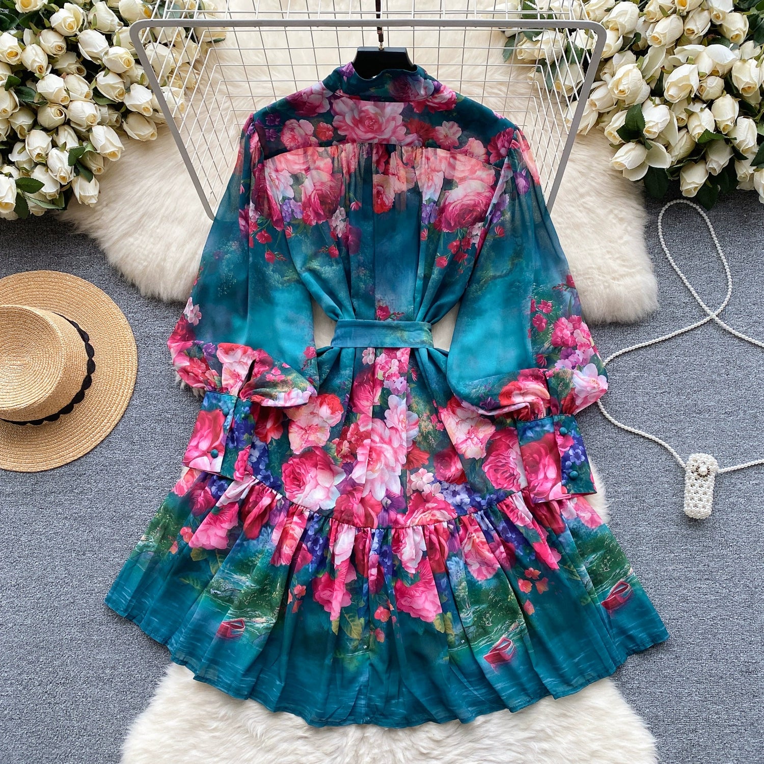 New Summer Holiday Beach Short Dress Women's Stand Long Lantern Sleeve Floral Print Sashes Lace Up Chiffon Loose Vestidos 6362 - Seprincess