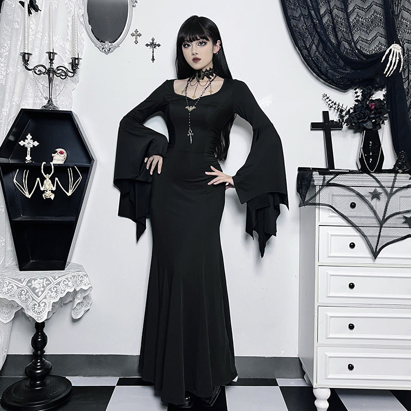 Halloween Gothic Vintage Dress Women Square Neck Patchwork Spider Web Flare Sleeves Cosplay Long Party Dress - Seprincess