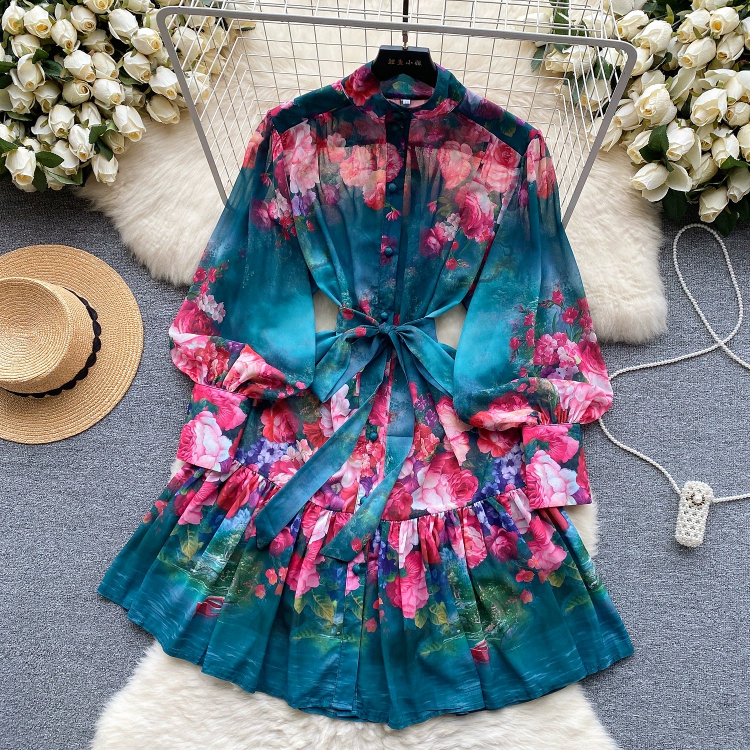 New Summer Holiday Beach Short Dress Women's Stand Long Lantern Sleeve Floral Print Sashes Lace Up Chiffon Loose Vestidos 6362 - Seprincess