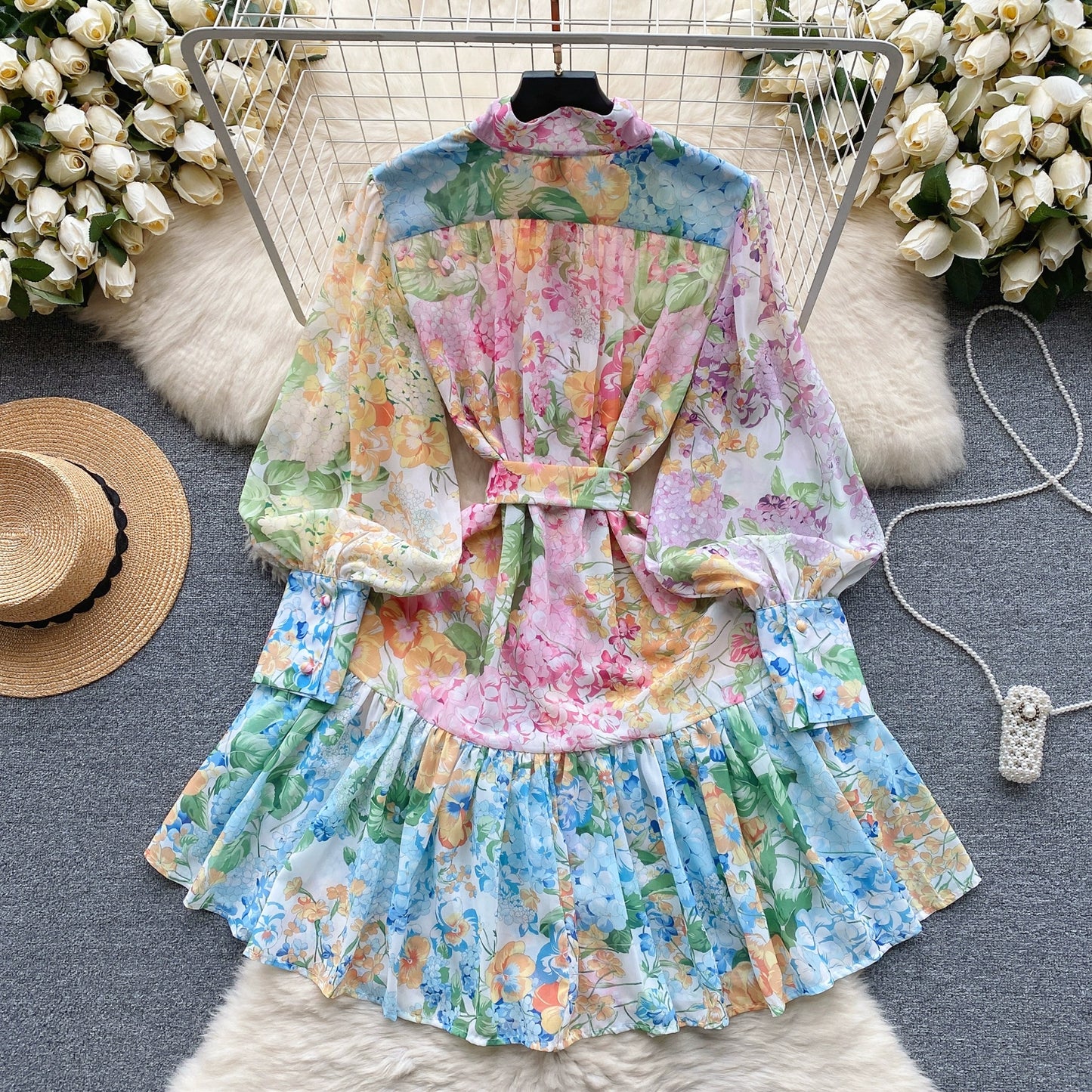 New Summer Holiday Beach Short Dress Women's Stand Long Lantern Sleeve Floral Print Sashes Lace Up Chiffon Loose Vestidos 6362 - Seprincess