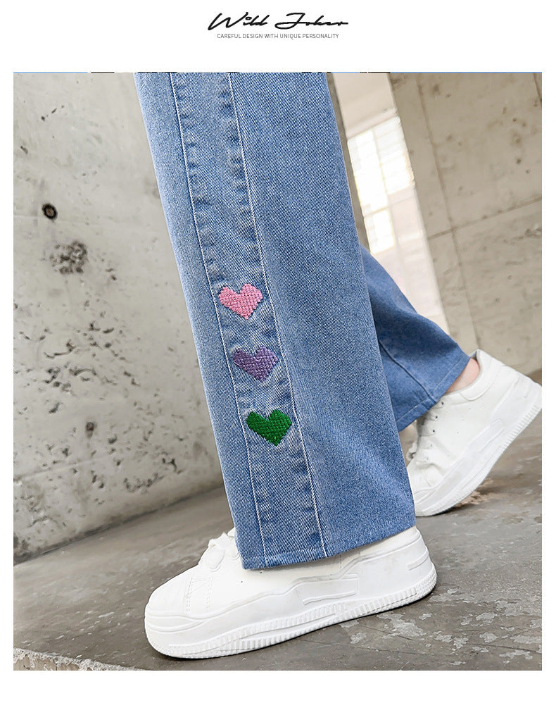 Kids Jeans For Girls Heart Pattern Kids Jeans Girls Spring Autumn Jeans For Casual Children's Jeans Clothes 6 8 10 12 14 16 Year