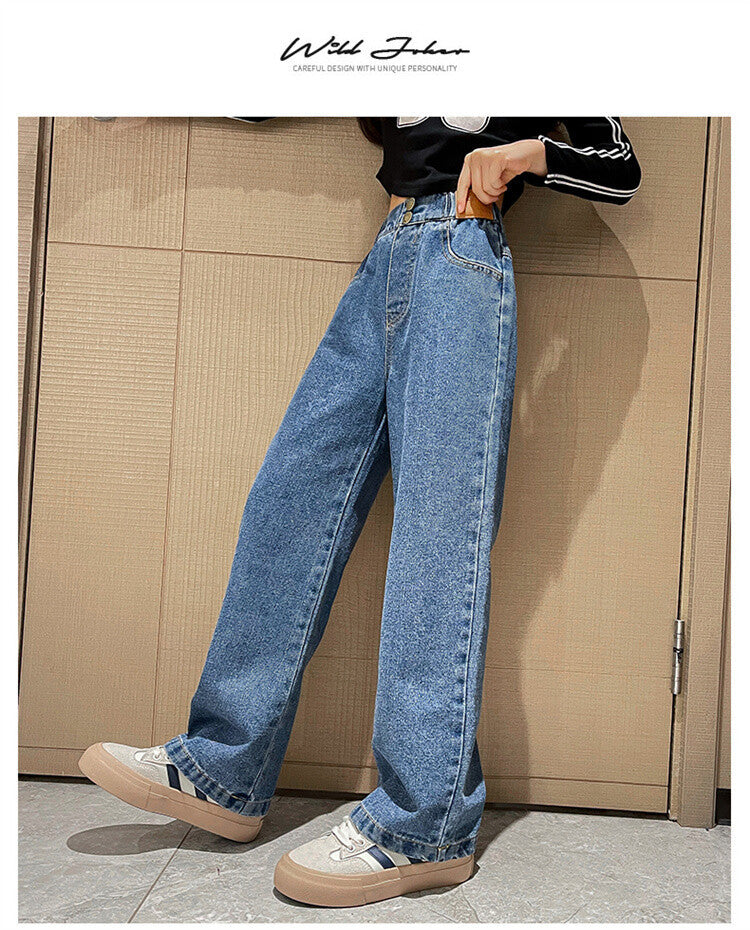 Girls' Loose Jeans For Autumn And Winter, Girls Aged 6 to 14, Loose Straight-leg Pants, Girls' Sherpa Fabric Warm Pants.