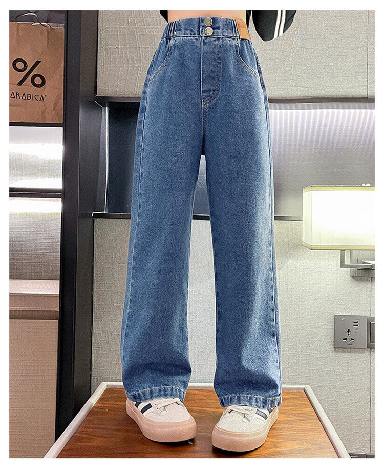 Girls' Loose Jeans For Autumn And Winter, Girls Aged 6 to 14, Loose Straight-leg Pants, Girls' Sherpa Fabric Warm Pants.