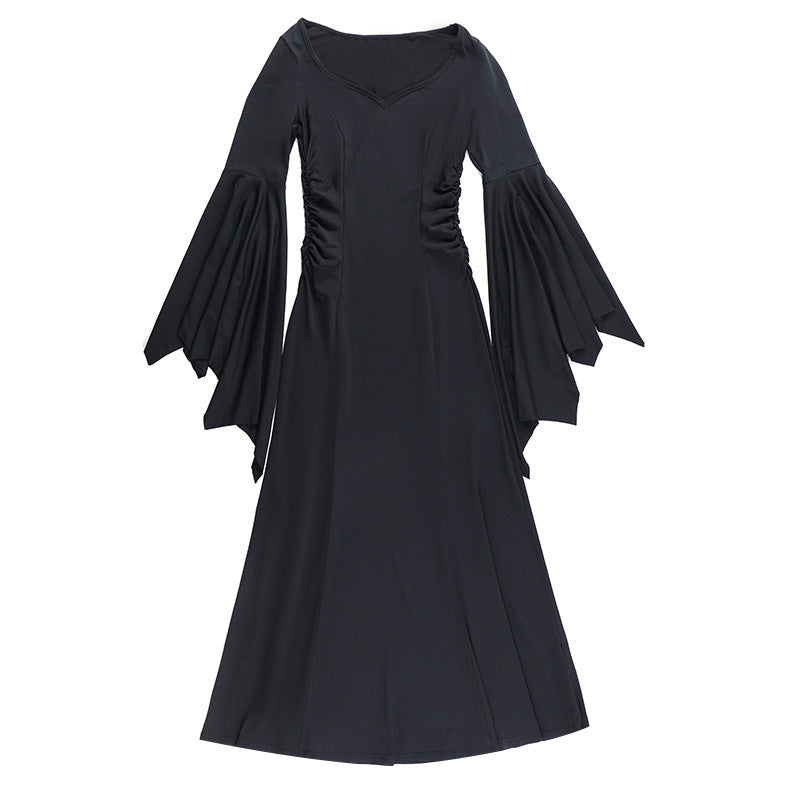 Halloween Gothic Vintage Dress Women Square Neck Patchwork Spider Web Flare Sleeves Cosplay Long Party Dress - Seprincess