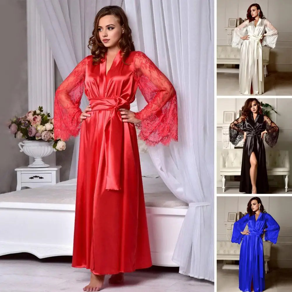 Women Nightgown Lace Sleeves Adjustable Waist Tie Satin Nightie V Neck Imitation Silk Sleepwear Honeymoon Bride Morning Robe - Seprincess