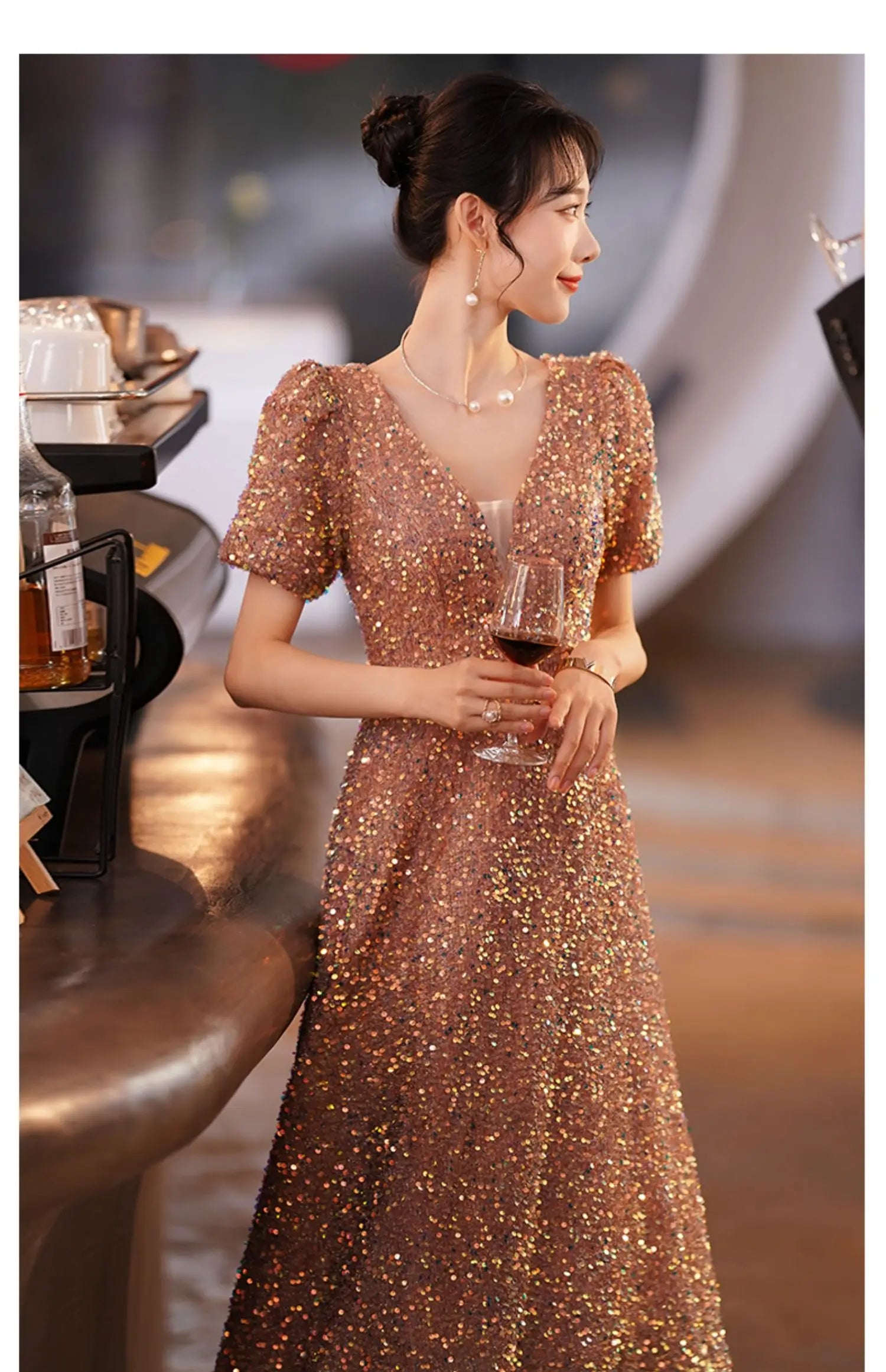 Glittering Sequined Evening Dress V Neck Slim Long Cocktail Party Dress 2023 Fashion Female Banquet Prom Gowns - Seprincess