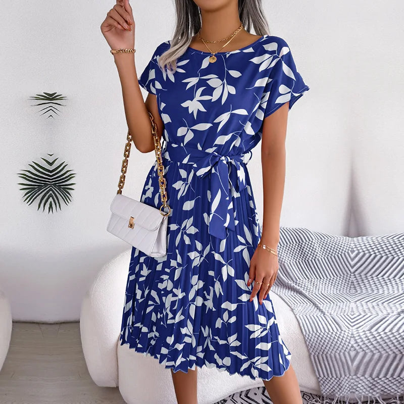 Women Spring Summer Short Sleeve High Waist Chic Dress Fashion Floral Pleated A Line Long Dress - Seprincess