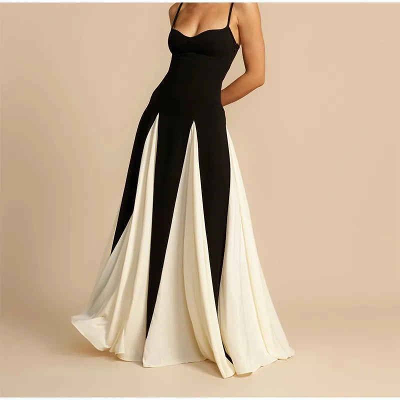 Fashion Contrasting Color Spaghetti Strap Dress For Women Elegant Gauze Backless A-line Long Dresses New Lady Party Evening Gown - Seprincess