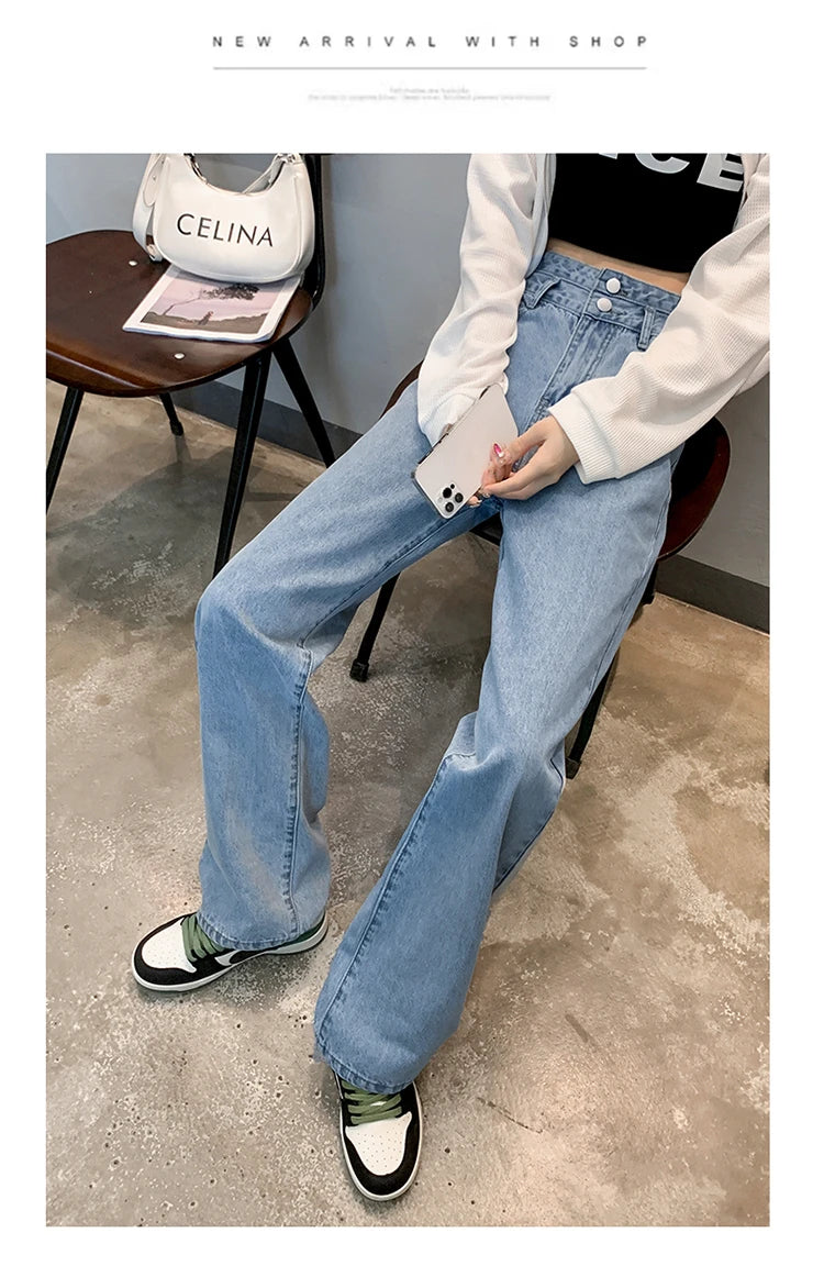 Denim Jeans Women Casual Fashion Button Design Pants Loose Straight Brand High Quality New Arrivals Trousers