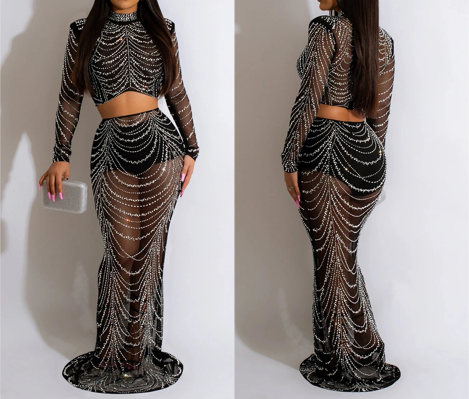 Womens 2pcs Set Dresses For Formal Occasions Criss-Cross Long Dress Rhinestone Long Sleeve Mesh Elegant Party Evening Dress HX12 - Seprincess