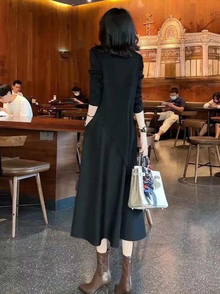 Women's Lyrical Party Dresses Long Sleeve Fake Two Piece Dress Round Neck Pure Black Skinny Casual Business Office Streetwear - Seprincess