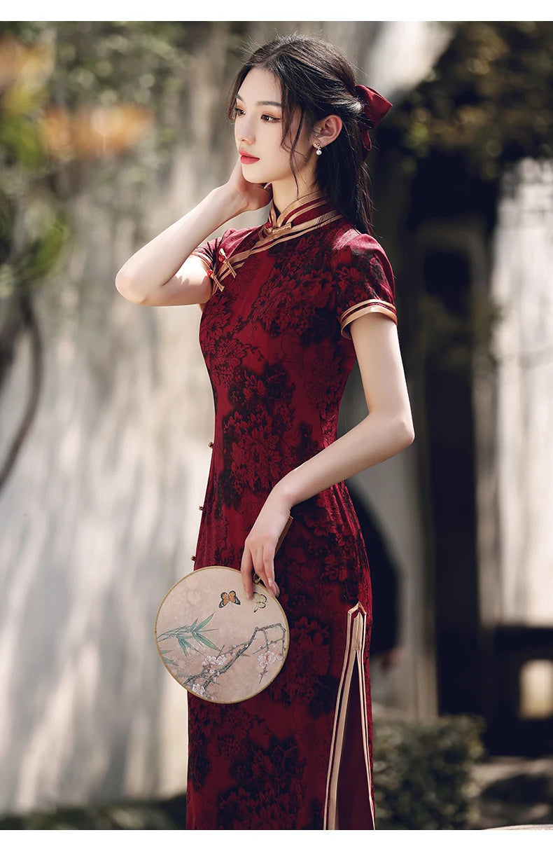 Wine Red Long Short Sleeves Cheongsam 2023 New Improved Young women Summer Silk and Satins Fashion One Piece Chinese Qipao Dress - Seprincess