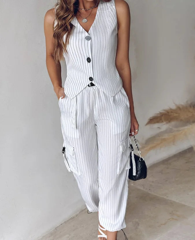 White Striped Vest Suit For Women Summer Casual V-neck Button Top Pocket Loose Pants Outfits Two-piece Suit For Women Elegant - Seprincess