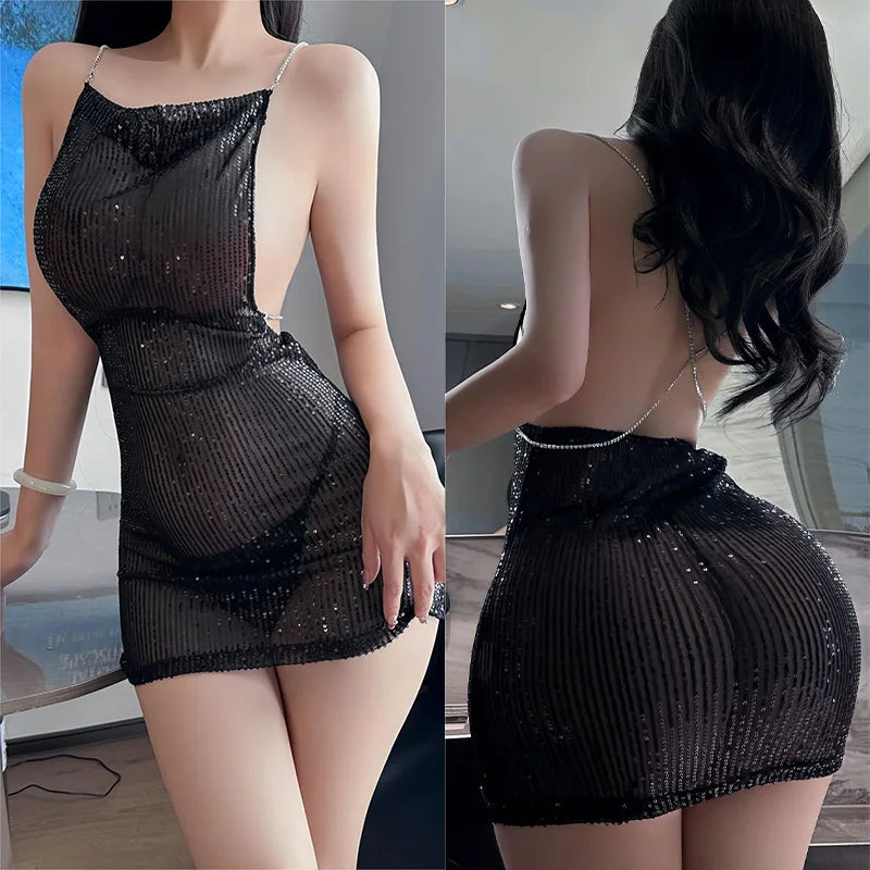 Dress Tight suspender hip hugging short skirt sequins women's clothes Party dresses woman sexy girl latex ladies clothing xxx - Seprincess