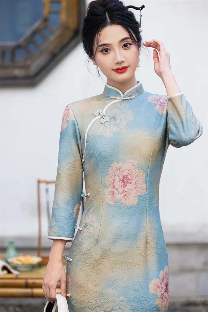 2024 Autumn New Printed Long Cheongsam Slim Fit Seven Quarter Sleeve Women's Cheongsam Qipao Dress - Seprincess