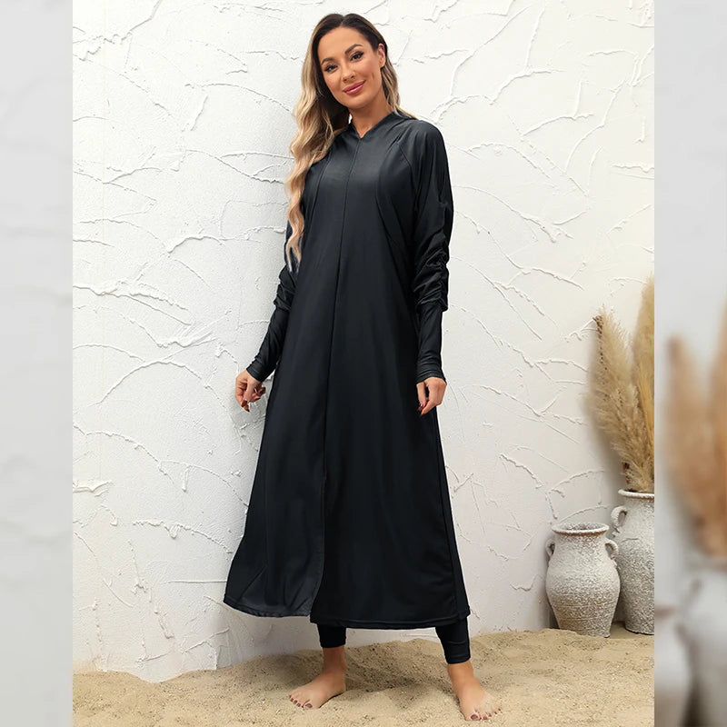 2024 Summer Dubai Abaya 3 Piece Set Black Burkini Muslim Mujer Modest Swimwear Women With Swim Cap Robe Femme Musulmane Clothing - Seprincess