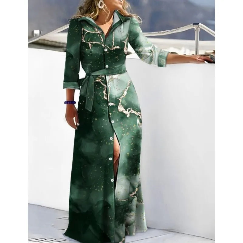 2024 Spring New Fashion Long Sleeved Print Lace-Up Shirt Dress For Women Turn Down Collar Single Breasted Maxi Dress Femme Robe - Seprincess