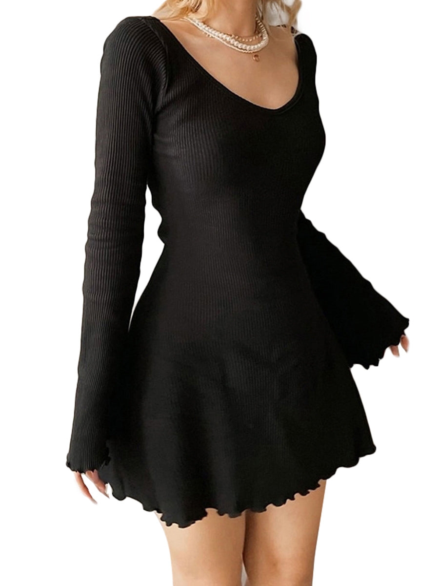 Women Solid Color Ribbed Long Sleeve V-Neck Slim Fit Party Mini Dress Fashion Spring Autumn Slim A-Line Dress - Seprincess