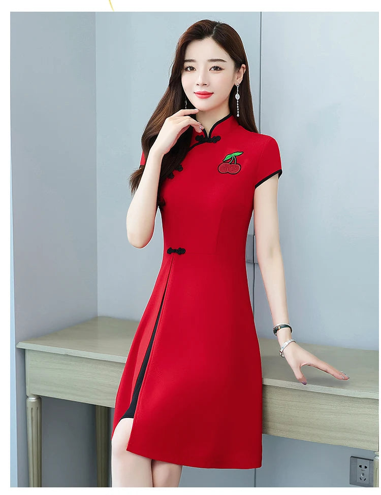 Chinese Style Summer Improved Cheongsam Slim Midi Short Sleeve Modern Qipao Dress Women Clothing CNY - Seprincess