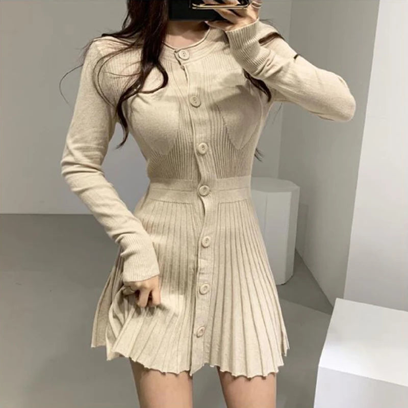 MEXZT Knitted Pleated Mini Dress Women Vintage Black Sweater Dresses Winter Korean Elegant Long Sleeve Pink Bodycon Vestidos New - Seprincess