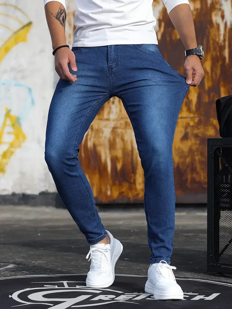 Spring Autumn Men Slim Fit Denim Pants Cotton Stretch Blue Fashion Denim Jeans Trousers Classic Daily Pencil Pants  Trousers