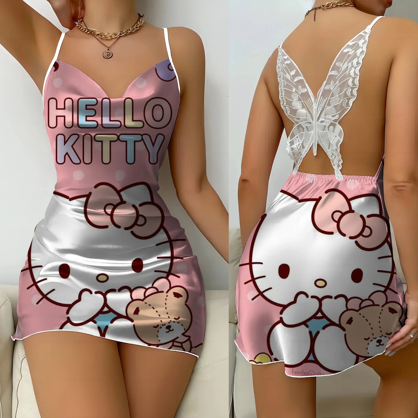 Mini Dress Pajama Skirt Hello Kitty Sexy Dresses Off Shoulder Bow Knot Satin Surface Womens Fashion Summer 2024 Short Party Lace - Seprincess