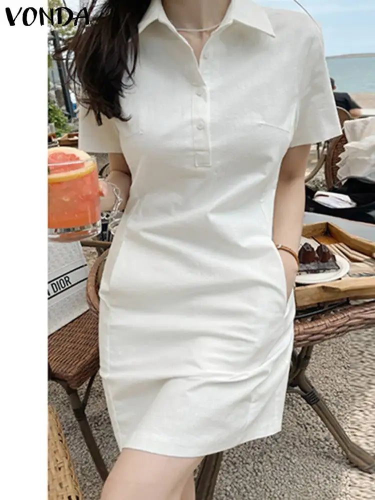 VONDA 2024 Summer Mini Dress Elegant Women Sexy Short Sleeve Solid Color Party Short Sundress Casual Beach Vestidos Robe Femme - Seprincess