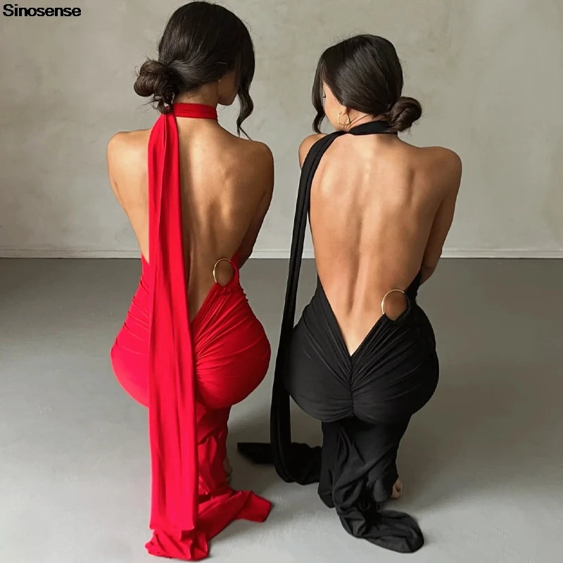 Womens Elegant Evening Party Cocktail Long Dress Sexy Backless Open Back Ruched Slim Bodycon Formal Wedding Guest Maxi Dress - Seprincess