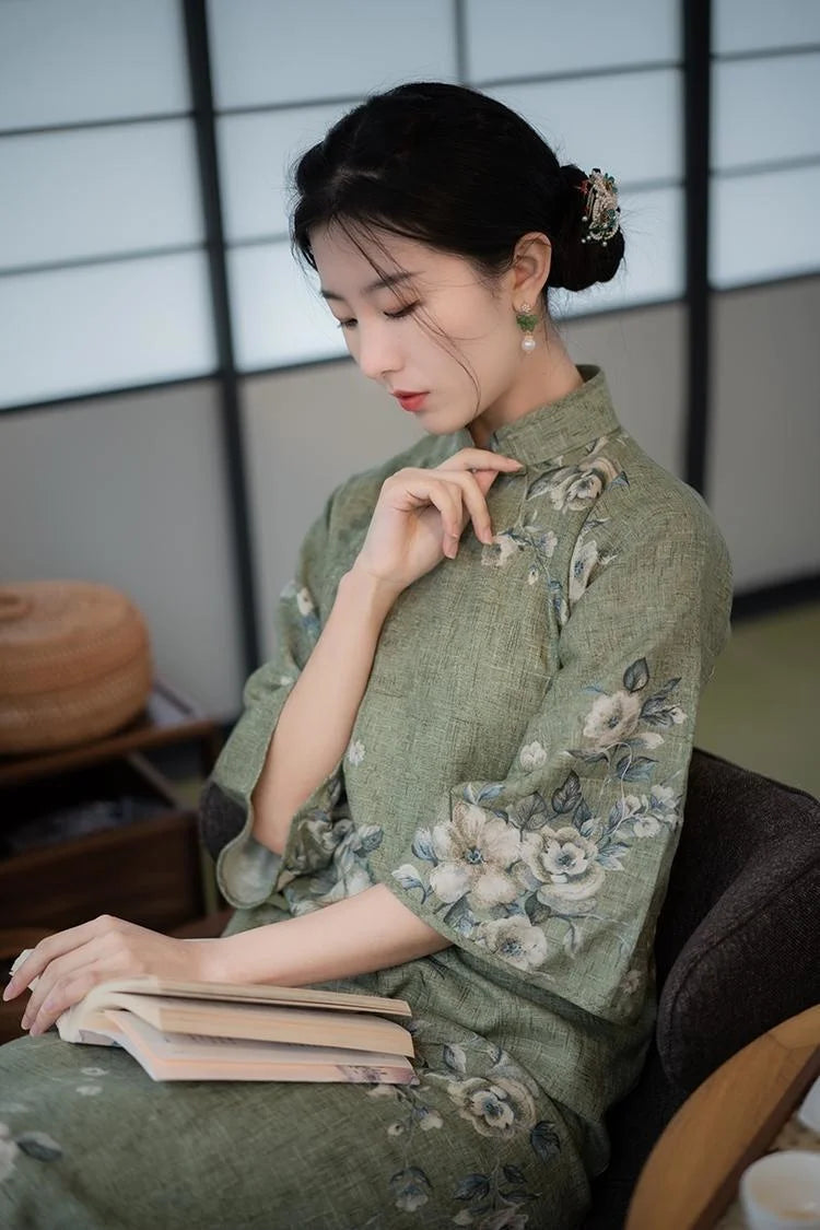 Retro Chinese Style Hanfu 2024 Spring And Summer New Linen Print Middle Sleeve Loose Cheongsam Thin Long Dress - Seprincess