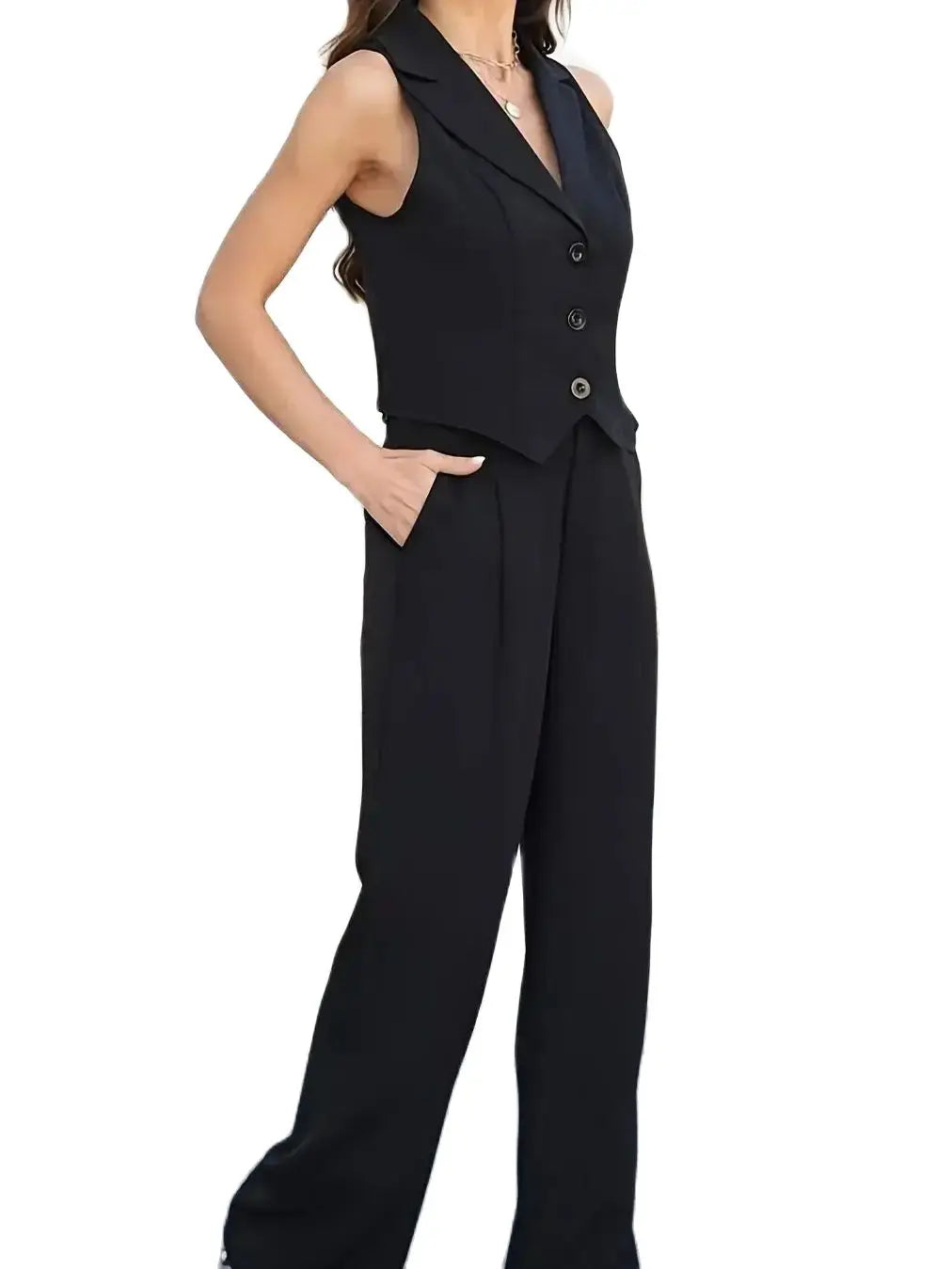 Chic Two-Piece Women's Set - Button-Detail Vest with Lapel Neck & Tailored Trousers, Versatile Outfit for Work and Sophisticated - Seprincess