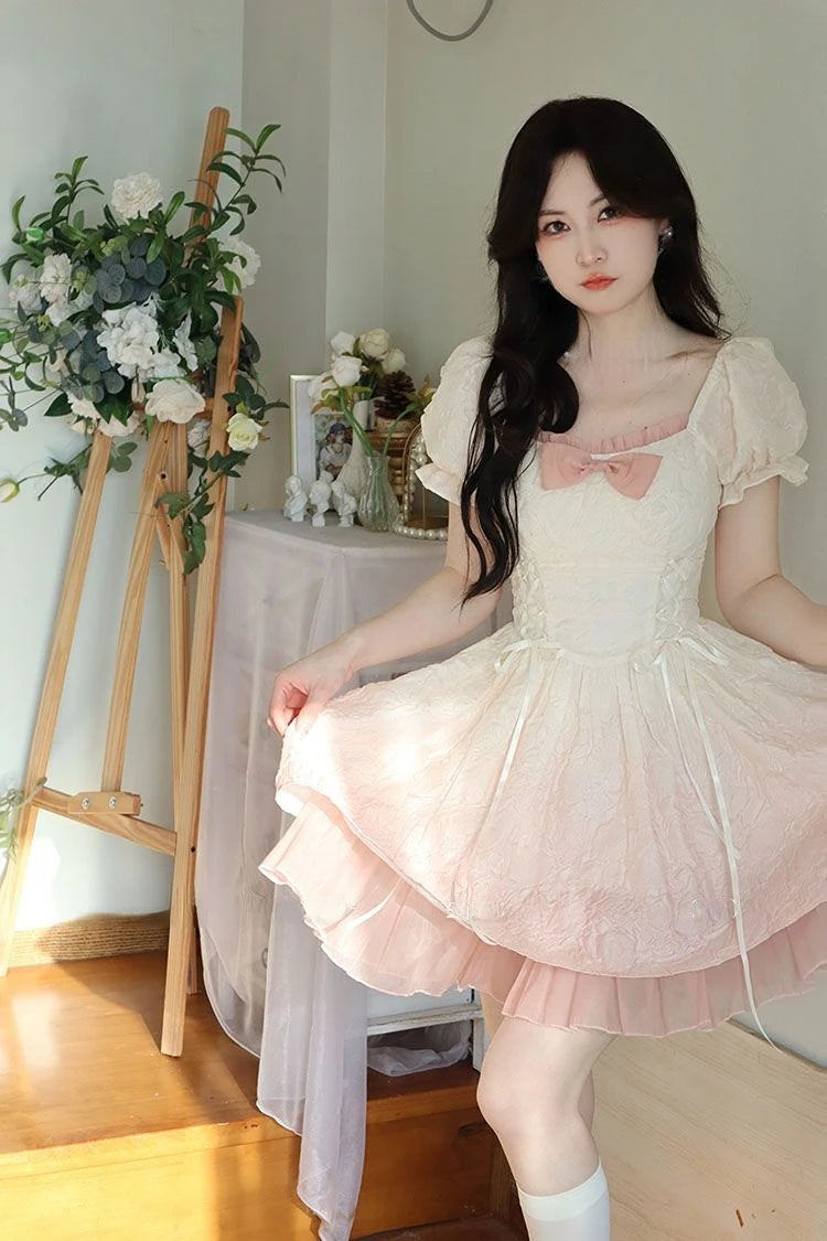 Bubble Sleeve Kawaii Lolita Mini Dress Women Pink Bow Princess Sweet Party Cute Dress A-Line Elegant Fairy Dress 2024 Spring New - Seprincess