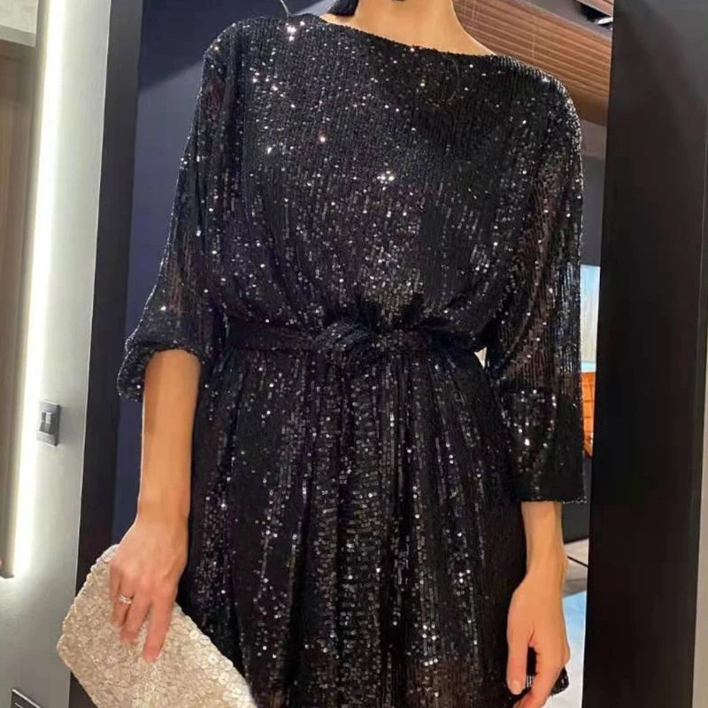 Womens Puff Long Sleeve Glitter Sequin Dress with Belt Evening Wedding Bridesmaid Sparkly Loose Fit Mini Short Dresses - Seprincess