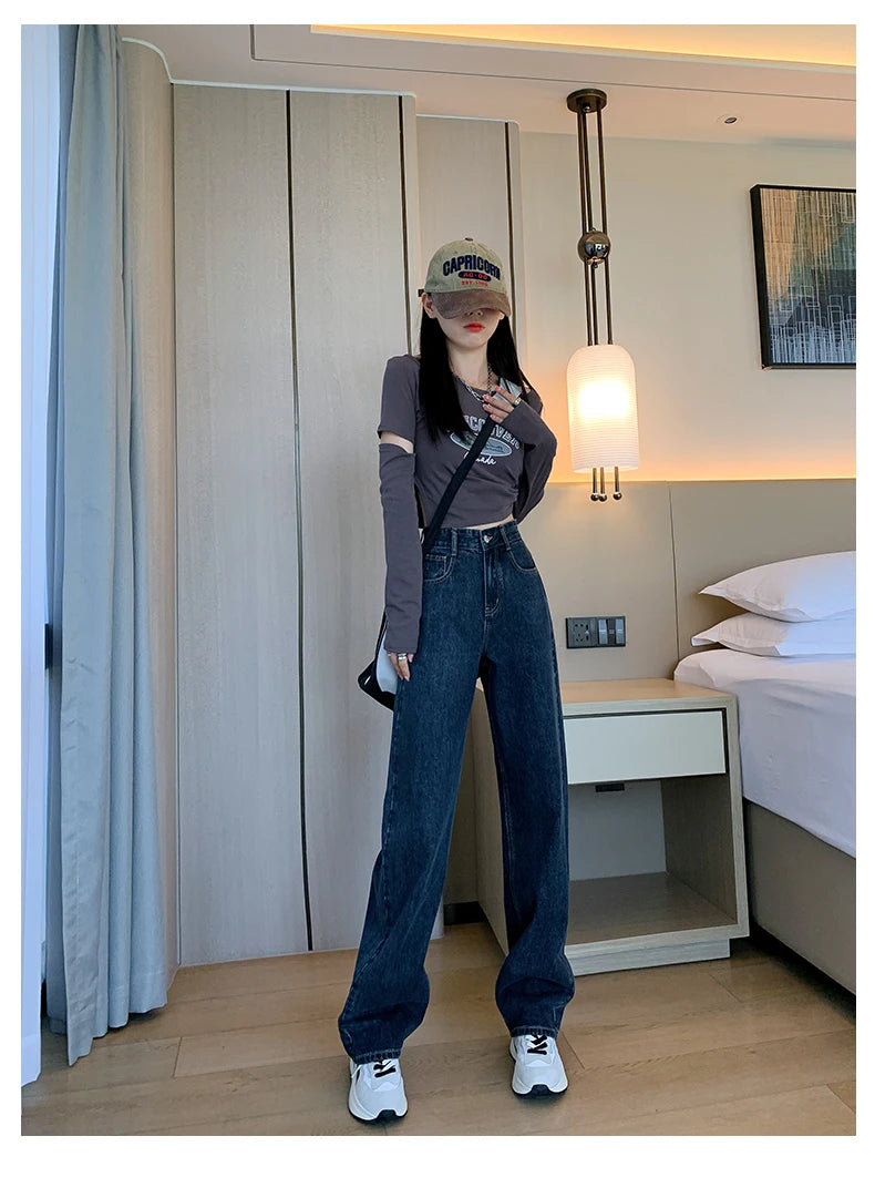 Jielur Dark Blue Straight Basic Female Jeans High Waist Slim Loose Solid Color Simple Women's Wide Leg Pants Chic Office Ladies